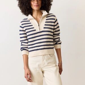 Marine Layer Montecito Quarter Zip Sweater Sz S Coastal Navy Blue Stripe Cotton